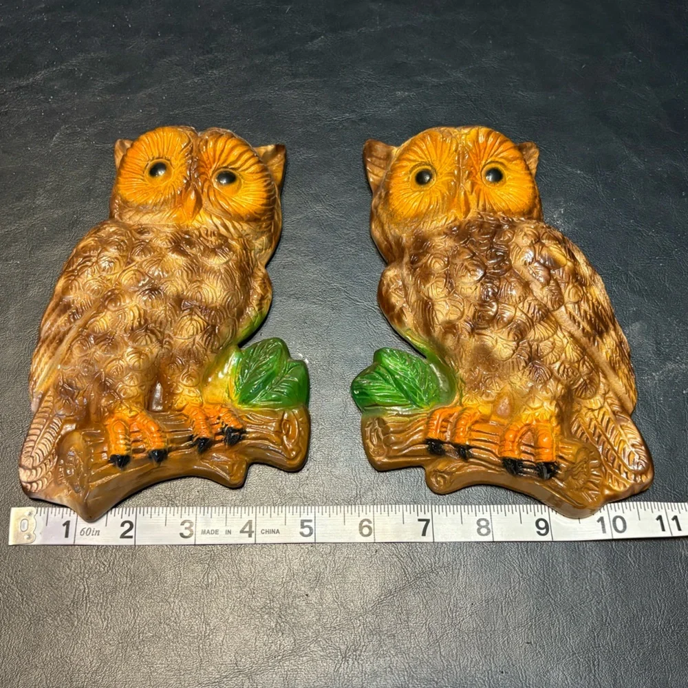 Set of Vintage 1970’s Chalk Owl Wall Hangings - Brown & Orange with Green Leaves